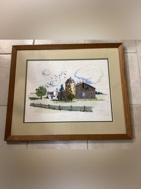 Framed Countryside Cross-Stitch Artwork in Natural Wood Frame